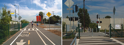 A shared use path runs parallel to the Los Angeles MTA Orange Line exclusive busway (left photo). While this is not a rail corridor, buses pass this location every two to three minutes during peak travel periods. A signalized crossing has been provided across the busway to allow pedestrians, bicyclists, and other users to access the path safely. The crossing includes signals and warning signs for buses, a high visibility crosswalk, pedestrian signals, and a fence to direct pedestrians to the preferred crossing location (right photo).