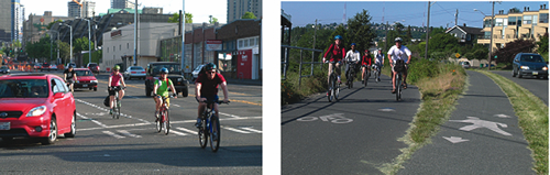Well-designed bicycle lanes can increase the safety and comfort of bicyclists. These designated lanes can also help increase the predictability of bicycle movements on roadways with transit service (left photo). Shared-use pathways provide space for non-motorized users that is separated from the roadway system. Safety is critical when pathways have high volumes of mixed pedestrian and bicycle traffic. This often occurs when pathways are near transit stations. Widening trails and/or designating separate areas for pedestrians and bicyclists can help increase user safety (right photo).