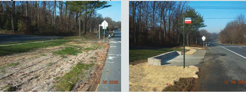 Originally, this bus stop was a pole in dirt and grass (left photo). To improve pedestrian access, Montgomery County added a sidewalk, a level landing pad, and an 18' high knee wall (right photo). The knee wall can act like a bench and the rough stone surface deters graffiti. Photos provided by Montgomery County, MD.