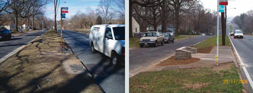 Before pedestrian access improvements were made, this bus stop was not accessible for people with disabilities (left photo). Montgomery County constructed a level landing pad, an acces¬sible connection to the pedestrian system and informal seating (right photo). Photos provided by Montgomery County, MD.