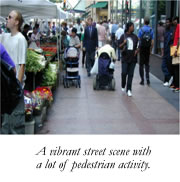 A vibrant street scene with a lot of pedestrian activity.