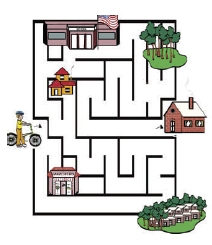 Depiction of a child's game board laid out to look like a maze and featuring a child on a bicycle and destinations such as home, school, friends' houses, and a park.