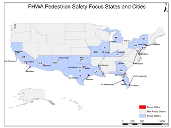 Click to enlarge Map of the FHWA Pedestrian Focus States and Cities.