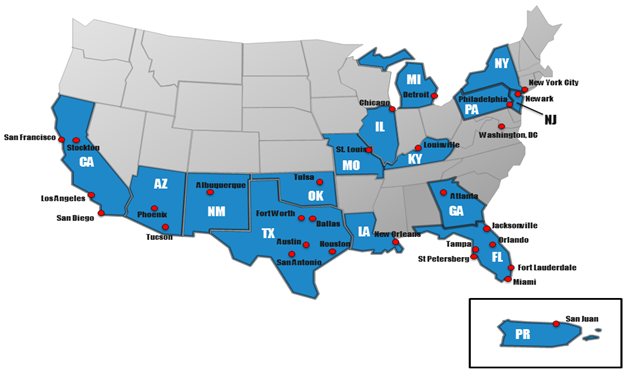 Focus cities map highlights San Franciso, Los Angeles, Stockton, and San Diego, CA; Phoenix and Tucson, AZ; Albuquerque, NM; Fort Worth, Dallas, Austin, Houston, and San Antonio, TX; Tulsa, OK; New Orleans, LA; St. Louis, MO; Chicago, IL; Detroit, MI; New York, NY; Philadelphia, PA; Newark, NJ; Washington, DC; Louisville, KY; Atlanta, GA; Jacksonville, Tampa, Orlando, St. Petersburg, Fort Lauderdale, and Miami, FL; and finally, San Juan, PR.