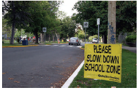 Hand painted sign in advance of crosswalk reads "Please Slow Down, School Zone".