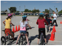 Children on bikes receiving safety instruction.