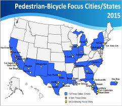 Map depicting Pedestrian-Bicycle Focus Cities/States 2015 
