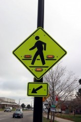 Photo: Pedestrian crossing warning sign with embedded flashers