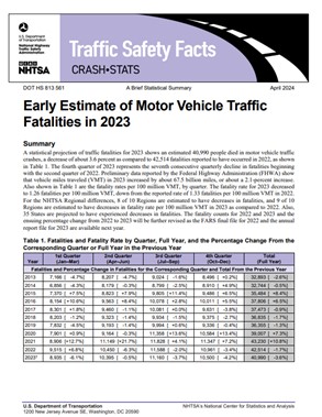 NHSTA's cover for Traffic Safety Facts Crash Stats