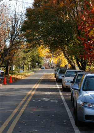 Photo.  A counterflow bicycle lane located in a residential neighborhood, in between a single vehicular lane traveling in the opposite direction and on-street parking. The counterflow lane is within the door zone of parked vehicles.  Also note that the counterflow bicycle lane and the vehicle travel lane provide two-direction access to cyclists