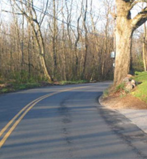 Photo.  A rural two land road with a driveway entrance immediately preceeding a horizontal curve.  There is a large tree and a hill alongside the road, in between the driveway entrance and the horizontal curve resulting in a limited clear zone result in limited sight distance.