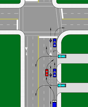 Graphic.  A conflict diagram that shows a multilane intersection approach.  There are two through lanes, a bike lane to the right, and on-street parking that changes to a right turn lane to the far-right.  Intersecting the roadway are two driveways.  Drivers entering from side streets or driveways may not see cyclists behind vehicles, especially large vehicles such as buses.  The placement of a bus stop can increase cyclist’s risk. 