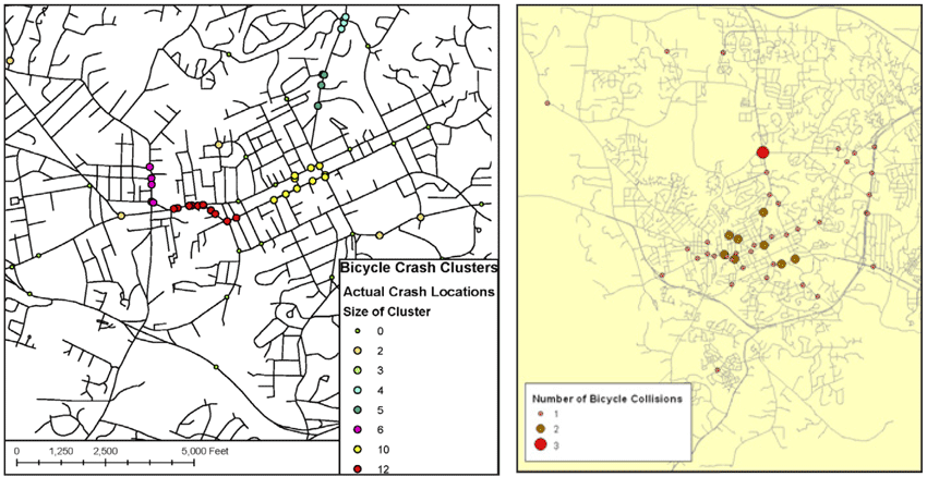 Graphic.  This figure shows two graphic examples of spatial analysis of mapped crash locations.  The graphic on the left shows a map with colored dots indication bicycle crash cluster locations.  The dots are varying colors with each color indicating the number of crashes in that location.  The map on the right shows a larger area and while the dots have different colors, they are also different colors.  So the smallest dot is yellow and represents a location with one bicycle collision and the largest dot is red and represents a location with three bicycle collisions.  There are different types of spatial analyses available to help identify high-crash zones, corridors, or intersections for RSAs.  Areas with similar characteristics, but which have not yet experienced crashes, may be considered for similar treatments proactively. 