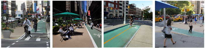 Photo.  Various images of cyclists using bike lanes in New York City.