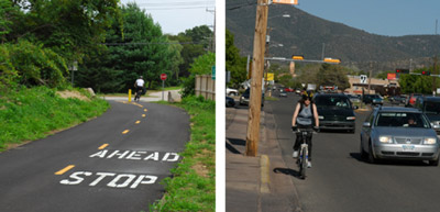 Left Photo.  Image of cyclist, using a shared use path, stopped at a stop sign at an intersection with a road. Right Photo.  Image of cyclist riding on the right side of a busy road.