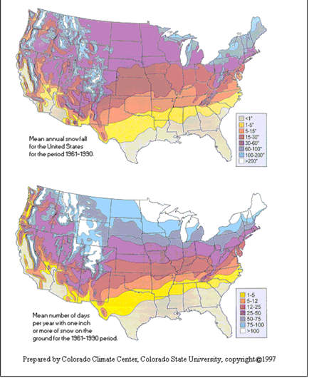 Figure 12: Maps display the mean annual snowfall and mean number of days that snow remains on the ground before melting from 1961 – 1990. Permission to use maps granted by Colorado Climate Center.