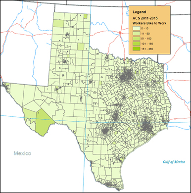 This graphic shows a map of Texas that summarizes bicyclist commuting levels as reported by ACS data.