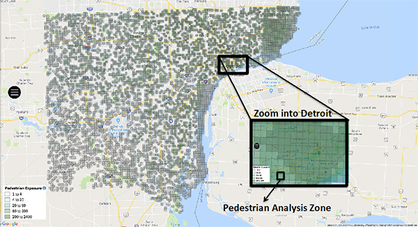 This graphic shows a map display of estimated daily pedestrian trips in Wayne County Michigan.