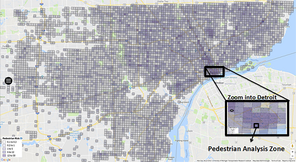 This graphic shows a map display of expected pedestrian crashes in Michigan.