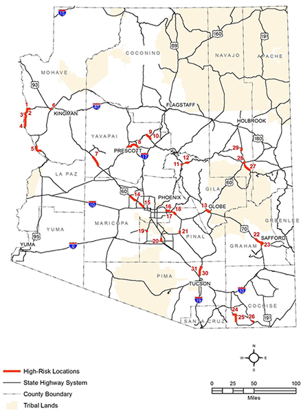 This graphic shows a map of Arizona that identifies high pedestrian risk locations on the Arizona State Highway System.