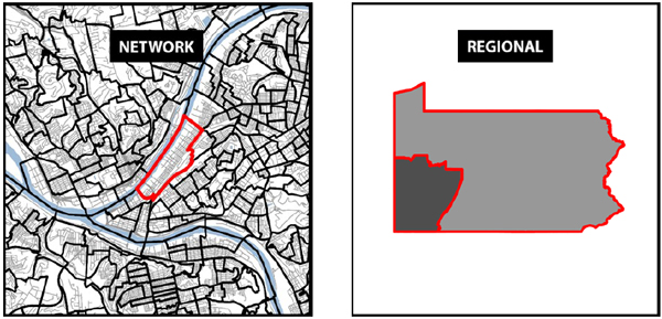 Figure 5 shows four different geographic scales that are considered in exposure estimation: point (showing an intersection crossing), segment (showing a street link), network (showing a city with interconnected streets), and regional (showing an entire state).  This portion shows network (on the left) and regional (on the right).