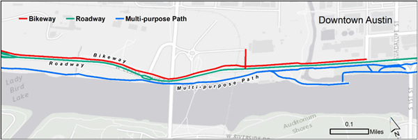This map graphic shows three parallel facilities in a corridor: a multi-purpose path, a roadway, and a bikeway.
