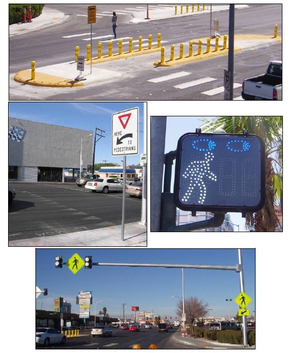 Collage of photos, including a Danish offset in a median refuge, a crosswalk signal with lights in the shape of eyes that illuminate during the 'walk' phase, a crosswalk with mast-arm mounted flashing beacons and pedestrian warning signs overhead, and a sign indicating an advance stop for vehicles approaching a pedestrian crossing.
