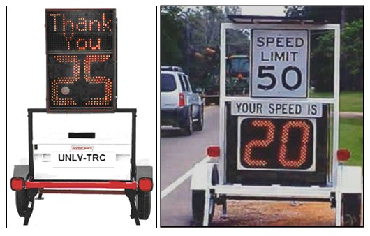 Photo of two portable radar speed trailers. Trailer on left shows only the driver's speed. Trailer on right shows driver's speed as well as the posted speed limit.