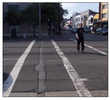 Photograph of a crosswalk some feet beyond a an advance stop line.