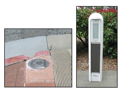 Two photos, one of a sensor set into the pavement, the other in the shape of a bollard.