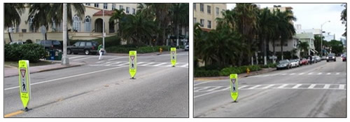 Two Photograph of in-street pedestrian signs placed in a row on the center line in advance of a crosswalk.