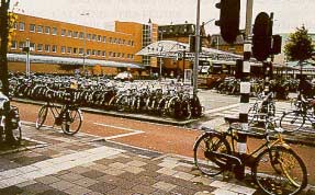 A fleet of bicycles await their owners at this Dutch bus terminal.