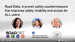 Screenshot of video reads Road DIets: A proven safety countermeasure that improves safety, livability and access for ALL users. The screenshot also shows photos of three individuals and has the Road Diet, FHWA, and EDC logos.