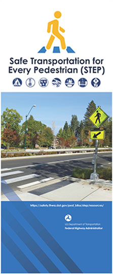 Banner shows STEP logo at top and reads Safe Transportation for Every Pedestrian (STEP). Underneath are the logos for different countermeasures related to pedestrian safety. Then the banner has a photo of a crosswalk with a pedestrian crossing sign and flashing yellow lights. The banner has the text for the link: /ped_bike/step/resources/. The banner ends with the FHWA logo.