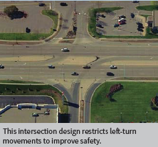This intersection design restricts left-turn movements to improve safety.