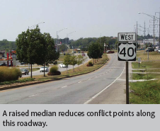 A raised median reduces conflict points along a divided roadway