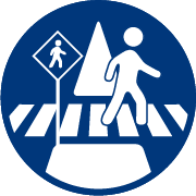 Icon representing a pedestrian at a median barrier separating two travel lanes.