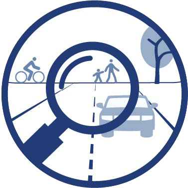 Icon representing inspection of a roadway, viewing cars, bicycles, and pedestrians through magnifying glass.