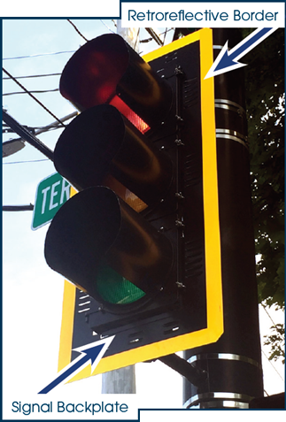 Photo: This daytime photograph shows a conventional traffic signal with a signal backplate and yellow retroreflective border.