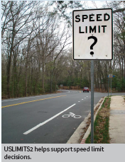 USLIMITS2 helps support speed limit decisions. A speed limit sign features a question mark where the numbers would be.