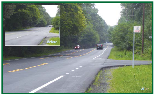 Lawyers Road in Reston, Virgina before and after a 2009 road diet installation.