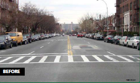 The before condition on Empire Blvd, featuring two travel lanes in each direction and onstreet parking.