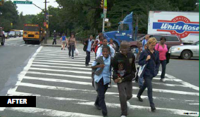 A busy crosswalk on Empire Blvd. after the application of the road diet.