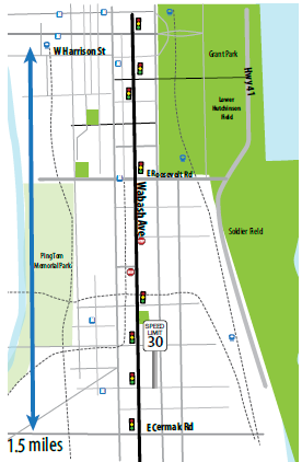 Illustration of a 1.5 mile segment of Wabash Avenue in Chicago.