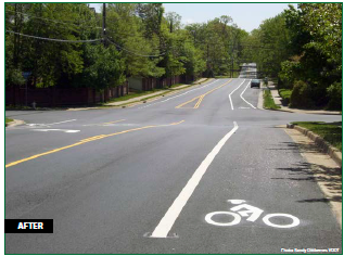 The after configuration on Oak Street in which bike lanes and dedicated parking take the place of two lanes, eliminating the sudden narrowing to two lanes that previously existed.