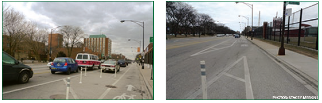 On 55th Street in Chicago, the Road Diet design included parking-protected bike lanes and a shared lane at intersections for transit and bicycles. Photos by Stacey Meekins.