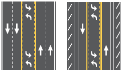 Diagram depicts how a road diet is configured when converting from a 5-lane to a 3-lane roadway.