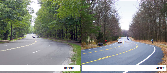 Side-by-side photos depict a roadway before a road diet application and the same roadway after the road diet application, which turned it from a four-lane roadway to a three-lane roadway with a center two-way left-turn lane.