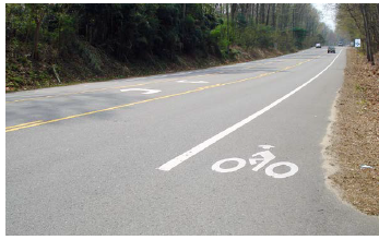 Bicycle lane on rural road three-lane section of roadway.