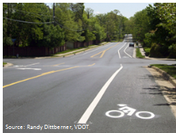 Resurfaced and marked roadway with a road diet configuration featuring  a two-way left-turn lane, a dedicated bike lane, and parallel parking. Source: Randy Dittberner, VDOT